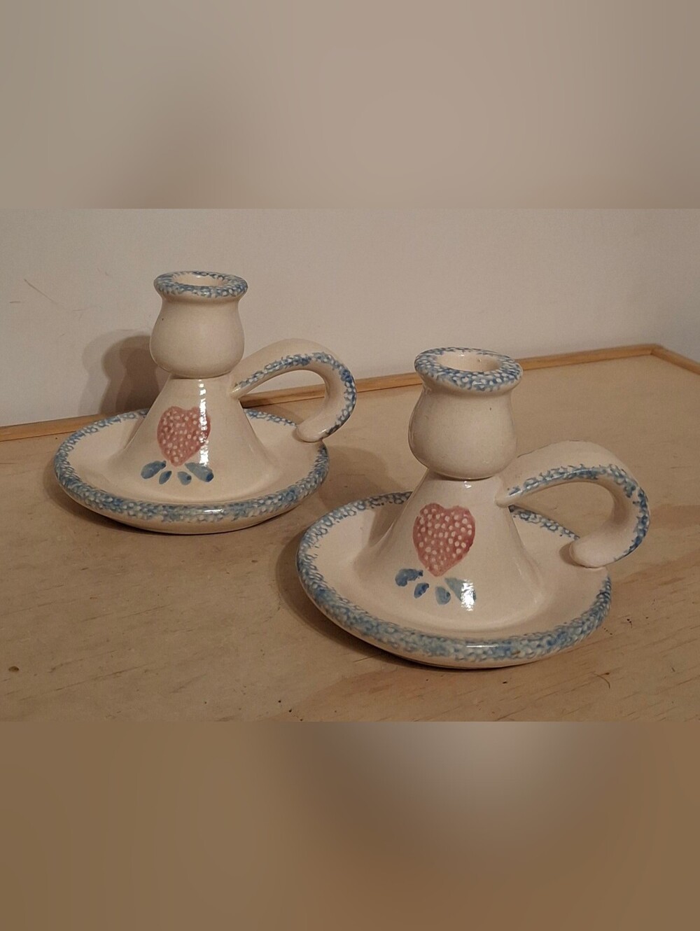 Vintage 1997 pair of Hermitage Pottery chamberstick candle holder Cream & blue